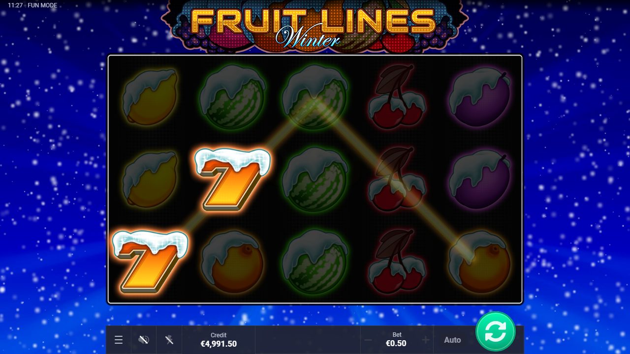 Eine Gewinnlinie läuft durch zwei orangefarbene 7-Symbole auf den linken Walzen — die Anzeige meldete €1,00, also das Doppelte meines Einsatzes.: Fruit Lines Winter