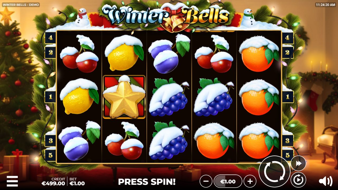 Meine erste Runde bei €1,00: schneebedeckte Kirschen, Zitrone, Pflaume und Orange, der goldene Stern-Scatter auf Walze 2 — im Hintergrund der geschmückte Christbaum.: Winter Bells