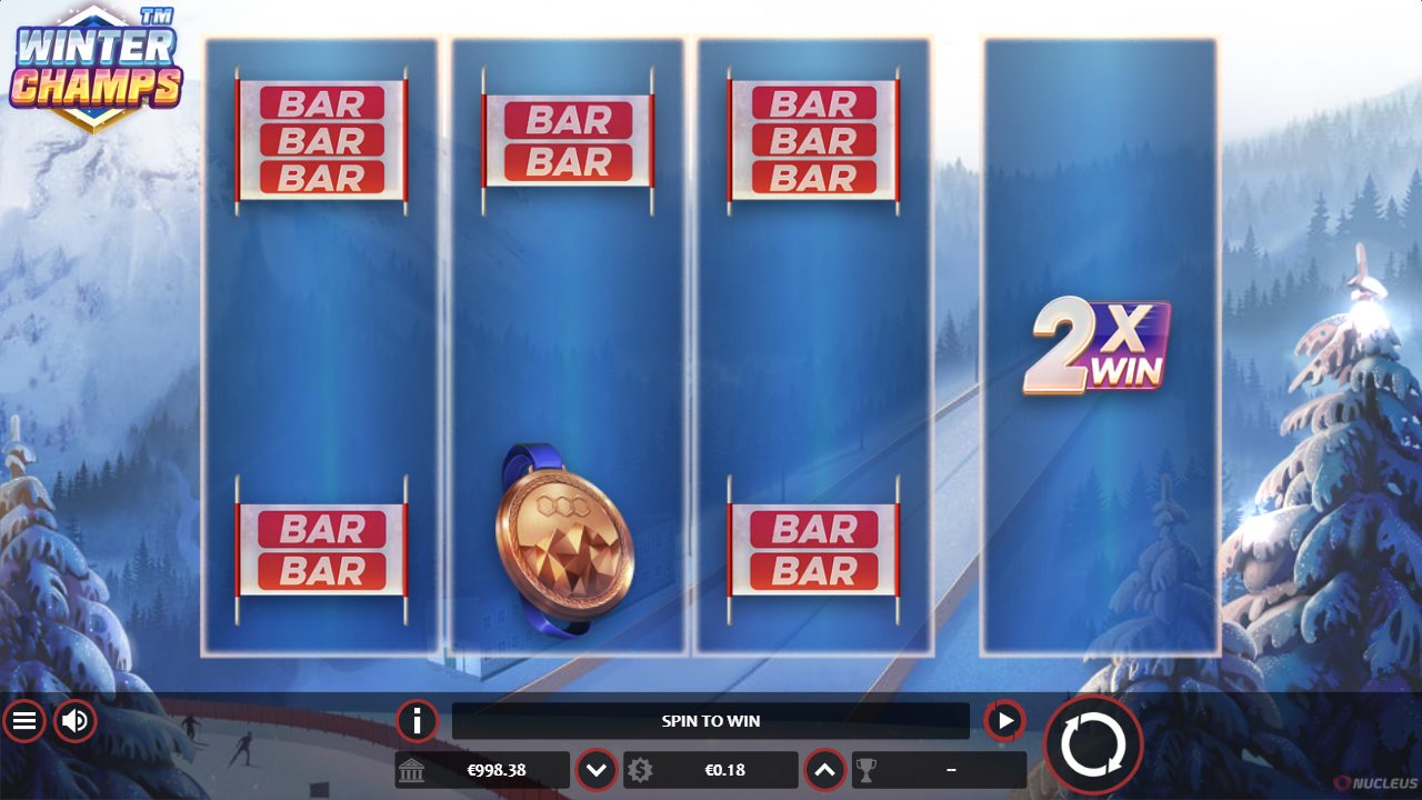 Meine erste Runde: BAR-Schilder auf den linken Walzen, eine Bronzemedaille in der Mitte und rechts das 2X-WIN-Feld auf der Sonderwalze — Einsatz €0,18.: Winter Champs