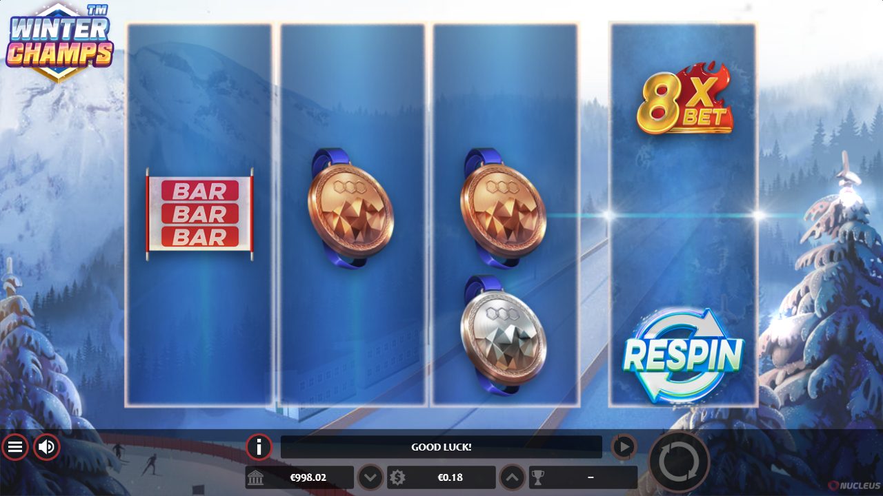 Ein paar Drehungen später zeigte die Sonderwalze gleich zwei heiße Felder: oben 8X BET, unten RESPIN — mit zwei Goldmedaillen auf den mittleren Walzen.: Winter Champs