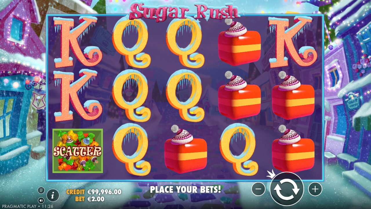 Meine erste Runde bei €2,00: vereiste K und Q, rote Bonbonwürfel mit Strickmütze und unten links der Gummibärchen-Scatter im grünen Rahmen.: Sugar Rush Winter
