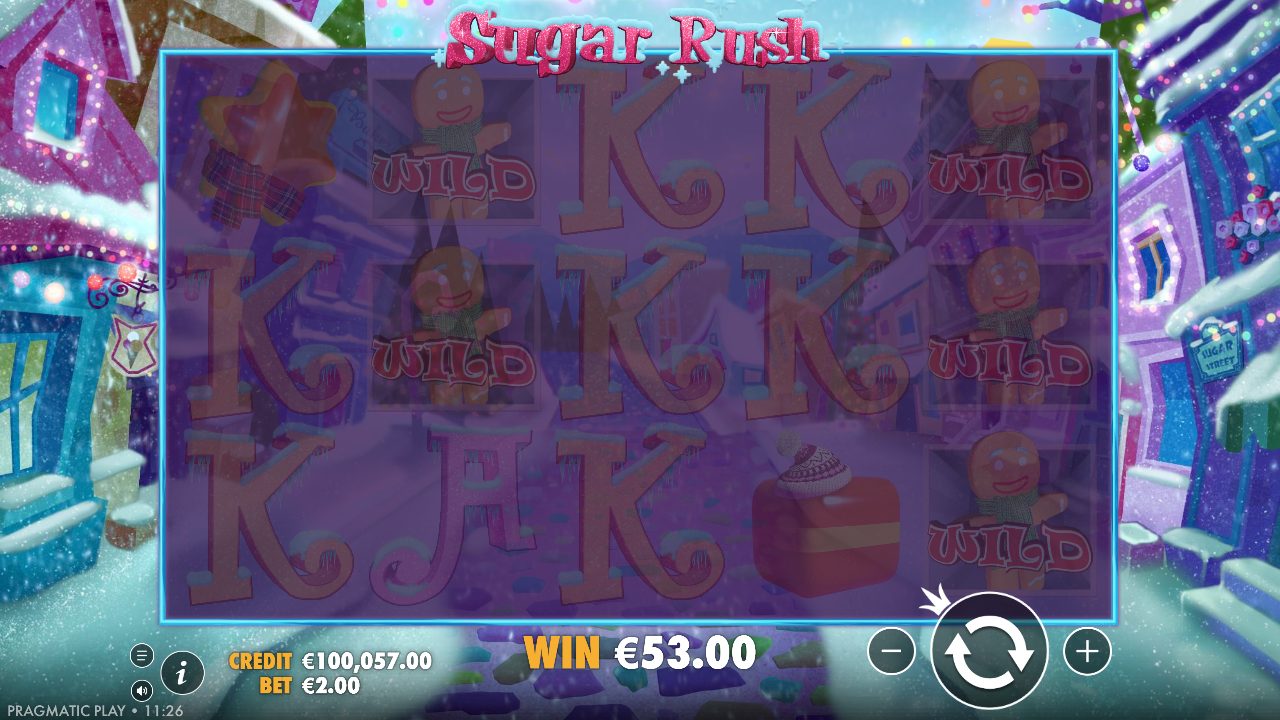 Wenig später klappten sich gleich mehrere Lebkuchenmann-Wilds über die Walzen — die Anzeige meldete einen Gewinn von €53,00 aus dieser Drehung.: Sugar Rush Winter