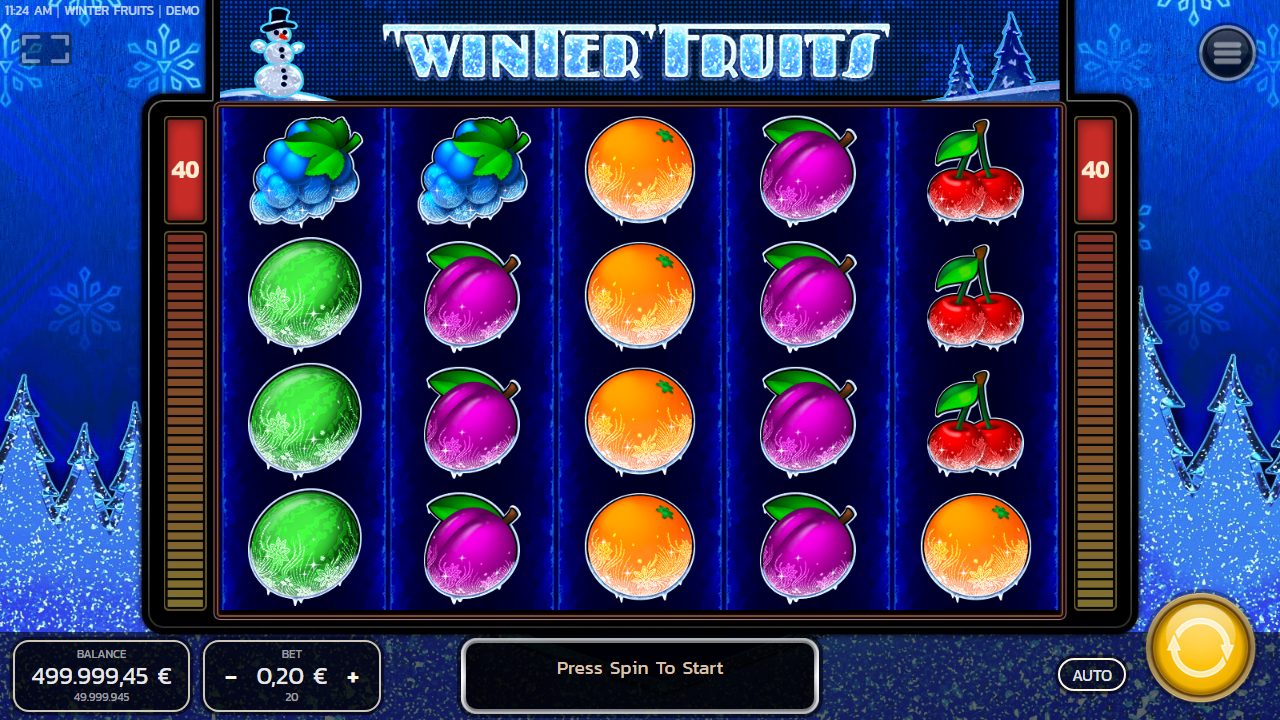 Meine erste Runde bei €0,20: vereiste Trauben, Orangen, Pflaumen, Melonen und Kirschen auf dem 5×4-Raster, mit dem Schneemann oben links und den 40-Linien-Markierungen an den Seiten.: Winter Fruits