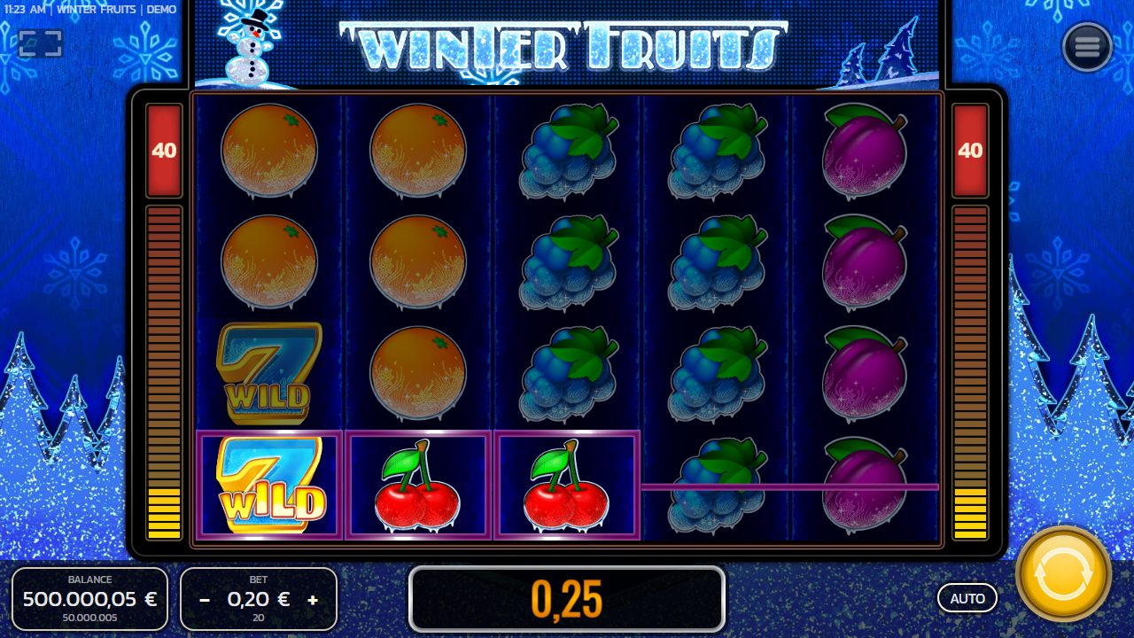 Eine Linie läuft durch das leuchtende „7 WILD" und zwei Kirschen auf der unteren Reihe — die Anzeige meldete €0,25, also das 1,25-Fache meines Einsatzes.: Winter Fruits