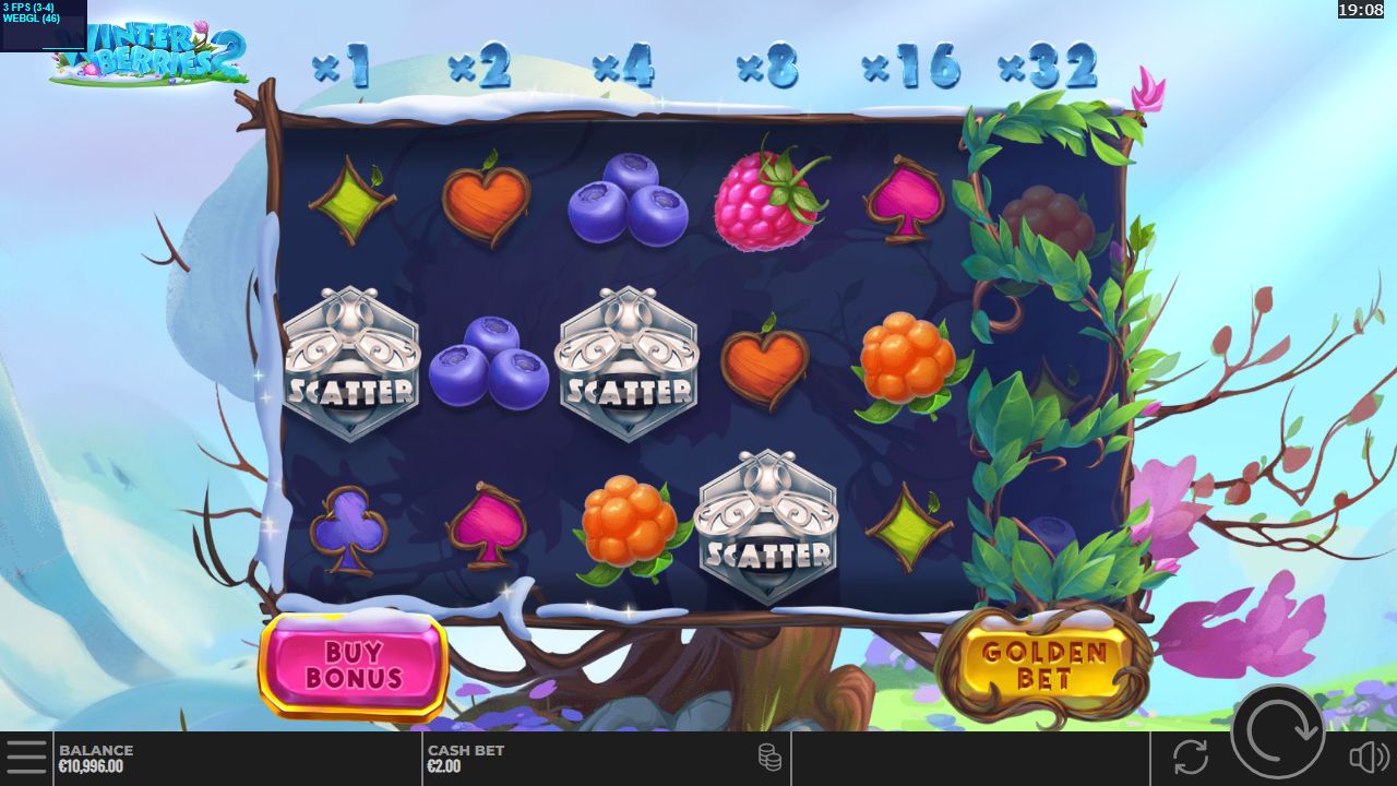 Meine Ausgangsrunde bei 2,00 Gesamteinsatz: drei silberne SCATTER-Symbole auf dem Feld, darüber die Multiplikator-Leiter ×1 bis ×32, unten BUY BONUS und GOLDEN BET.: Winterberries 2