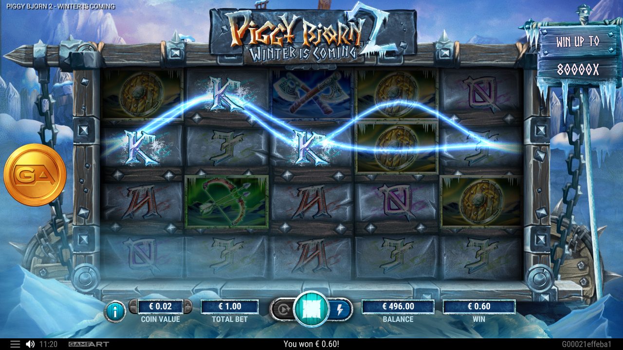 Eine Blitz-Gewinnlinie zuckt durch mehrere K-Runen quer über die Walzen — die Anzeige meldete €0,60, also 0,6× meines Einsatzes.: Piggy Bjorn 2 Winter is Coming