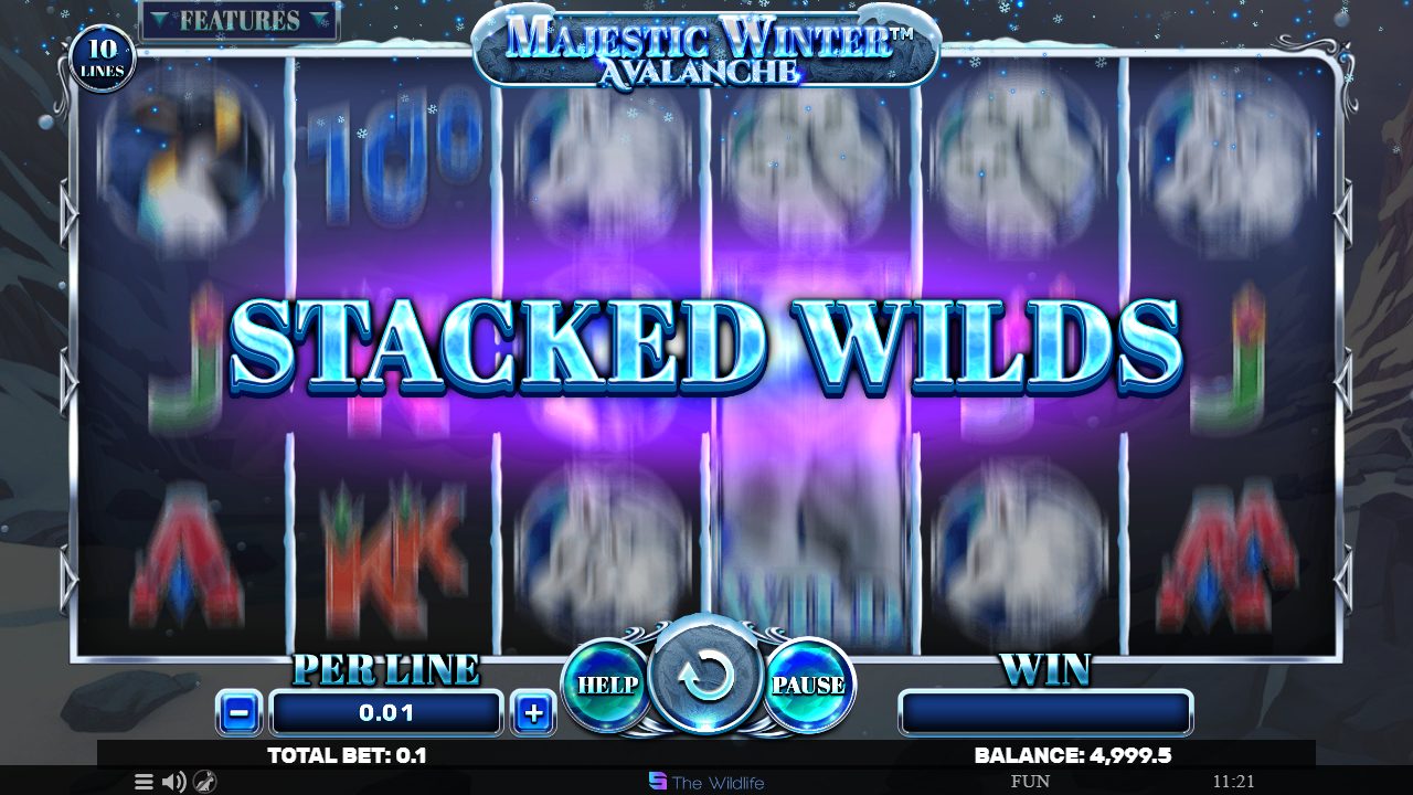 Das „STACKED WILDS"-Fenster leuchtet auf: die Zusatz-Wild-Funktion, die in meiner Runde die Walzen mit Polarbär-Wilds füllte.: Majestic Winter - Avalanche