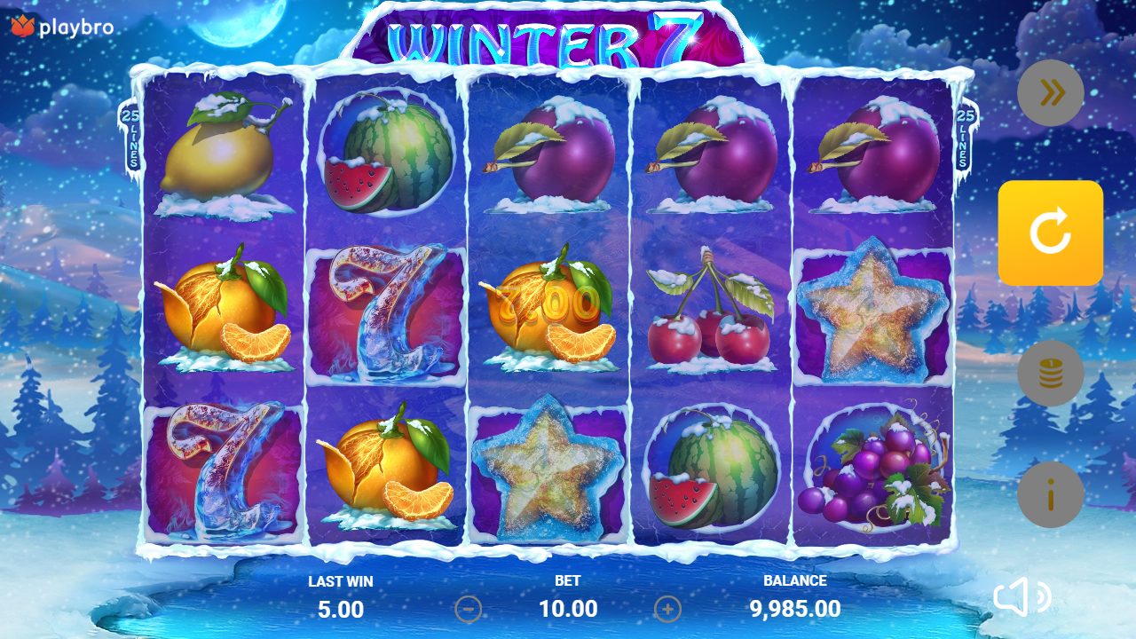 Meine erste Runde bei 10,00: Zitrone, Wassermelone, Pflaume und Orange mit Schneehauben, dazu der gefrorene Stern und das eisige 7-Symbol vor dem Winterwald bei Nacht.: Winter 7