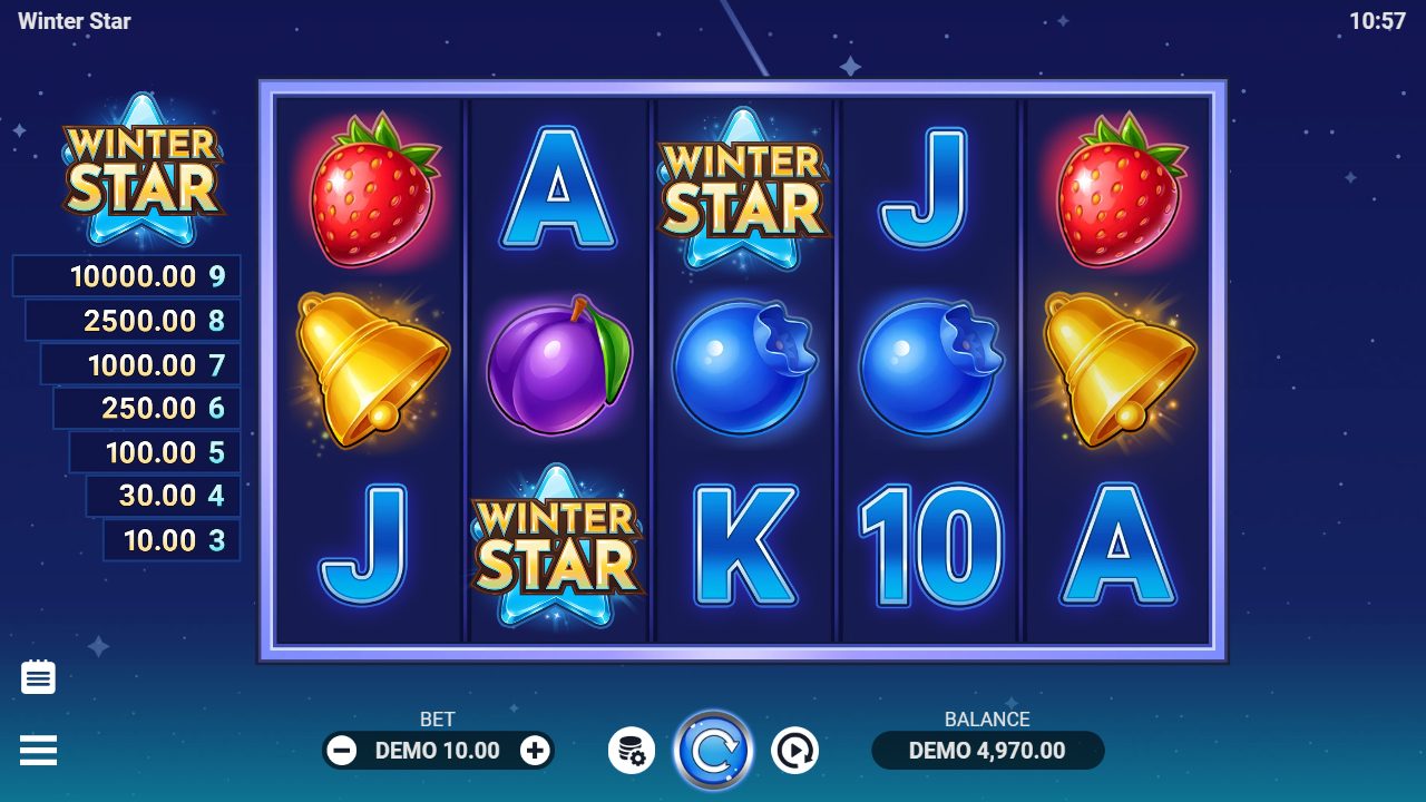 Meine erste Runde bei 10,00: Erdbeeren, Glocken und Kartenwerte, dazu zwei Winter-Stern-Symbole — links die offene Gewinnleiter von 10,00 (3 Sterne) bis 10.000,00 (9 Sterne).: Winter Star