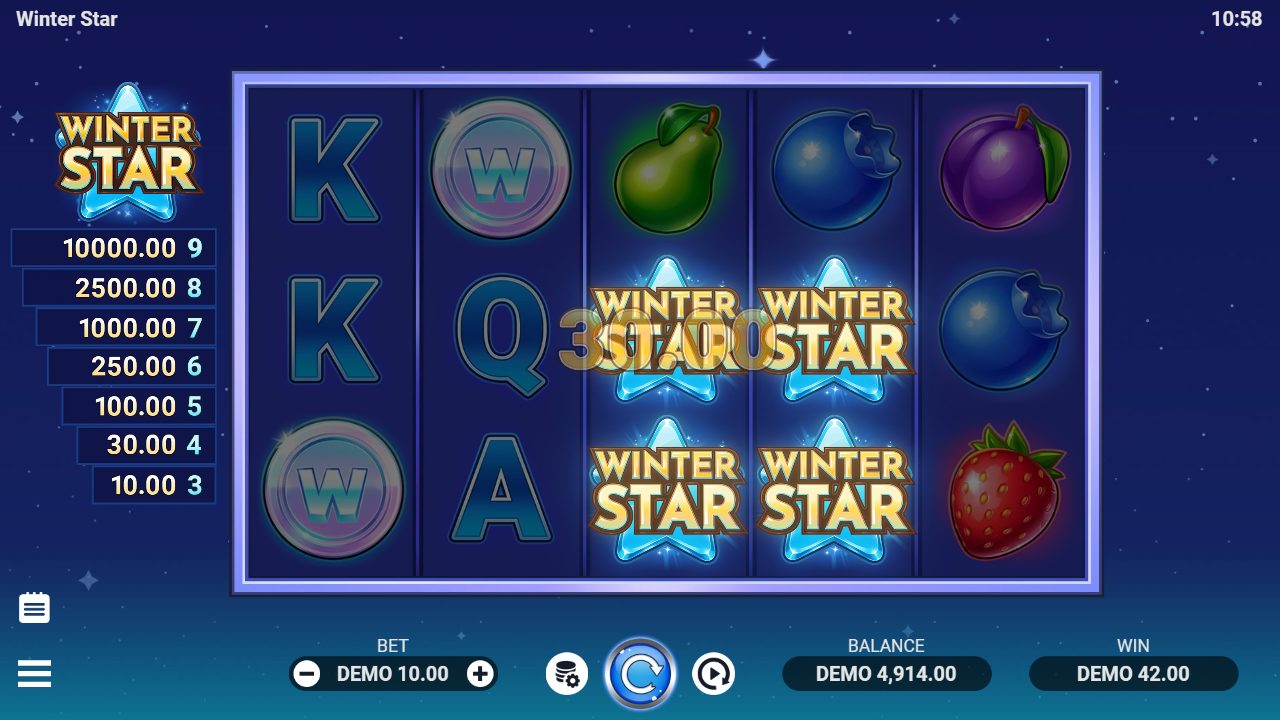 Vier Winter-Stern-Symbole landen, die Leiter zahlt den Wert von 30,00 — eingeblendet als Teil eines Gesamtgewinns von 42,00. Genau das bestätigt die Leiterstufe „4 = 30,00".: Winter Star