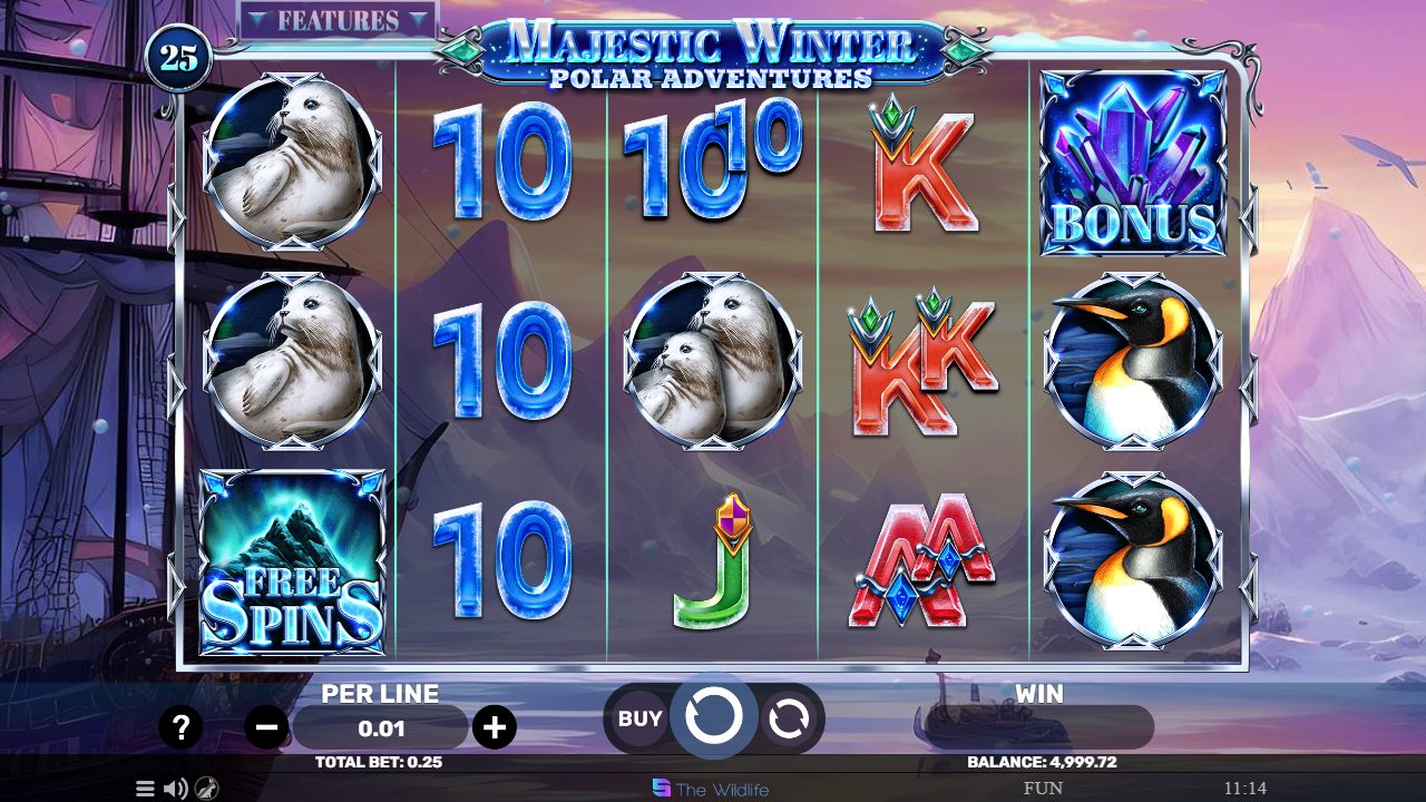 Meine Ausgangsrunde bei 0,25 Gesamteinsatz: Robben und Pinguine neben dem eisigen „10" und dem blauen Münzsymbol „100", rechts das violette BONUS-Kristall, links unten das leuchtende FREE-SPINS-Symbol — dahinter ein eingefrorenes Segelschiff.: Majestic Winter - Polar Adventures