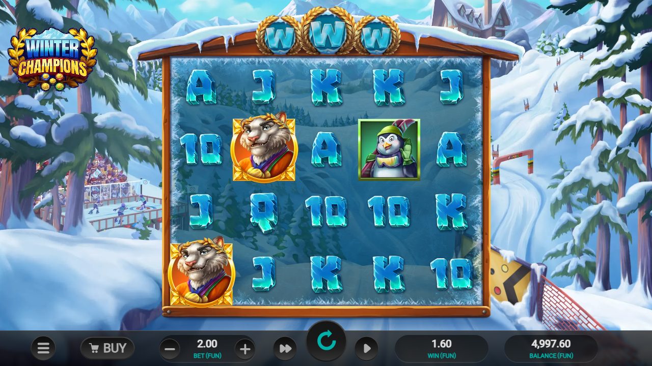 Meine Startrunde: der Tiger mit Lorbeerkranz auf Walze zwei, der Pinguin auf Walze vier, dazu jede Menge Eis-Buchstaben — oben die drei goldenen Lorbeer-W, Einsatz 2,00, ein kleiner Treffer von 1,60.: Winter Champions
