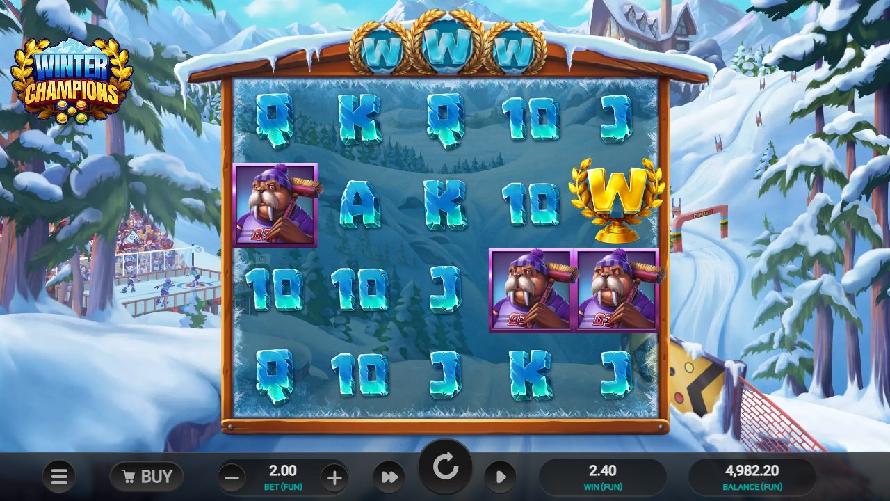 Wenig später der beste Moment meiner Runde: drei Walross-Symbole auf den rechten Walzen, dazu ein goldenes Lorbeer-W-Wild ganz rechts — Gesamtgewinn 2,40 bei 2,00 Einsatz.: Winter Champions