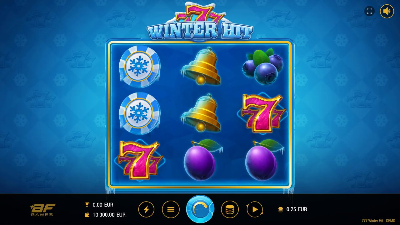 Mein erster Dreh: links zwei Schneeflocken-Chips übereinander, in der Mitte die vereisten Glocken, dazu Blaubeeren, Pflaumen und die pinke 777 — Einsatz 0,25 EUR, WIN noch bei 0,00.: Winter Hit