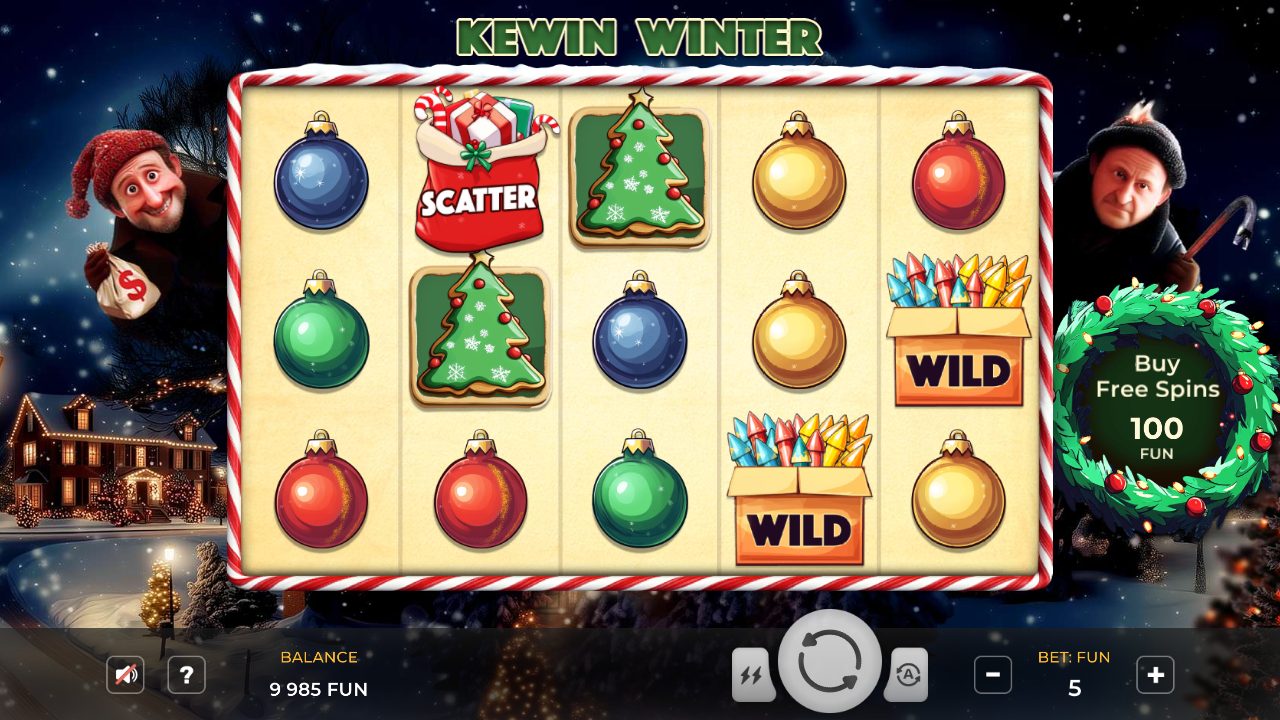 Meine Startrunde: oben der Geschenksack-Scatter auf Walze zwei, daneben eine Lebkuchen-Tanne, dazu zwei Feuerwerks-Wilds unten in der Mitte — rechts leuchtet der Kranz-Knopf "Buy Free Spins 100".: Kewin Winter