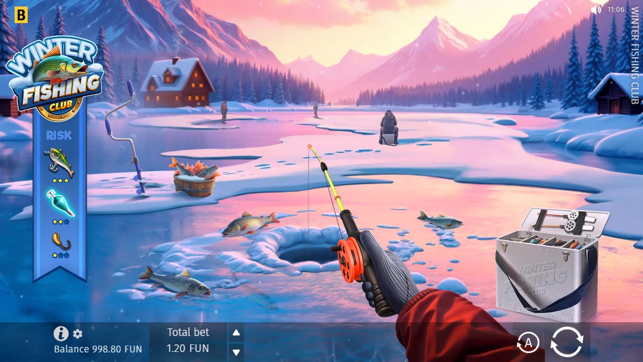 Meine Ausgangslage: der zugefrorene Bergsee im Abendrot, die Eisangel in der Hand, Fische unter dem Eis — links die RISK-Leiste, Gesamteinsatz 1,20, Guthaben 996,40.: Winter Fishing Club