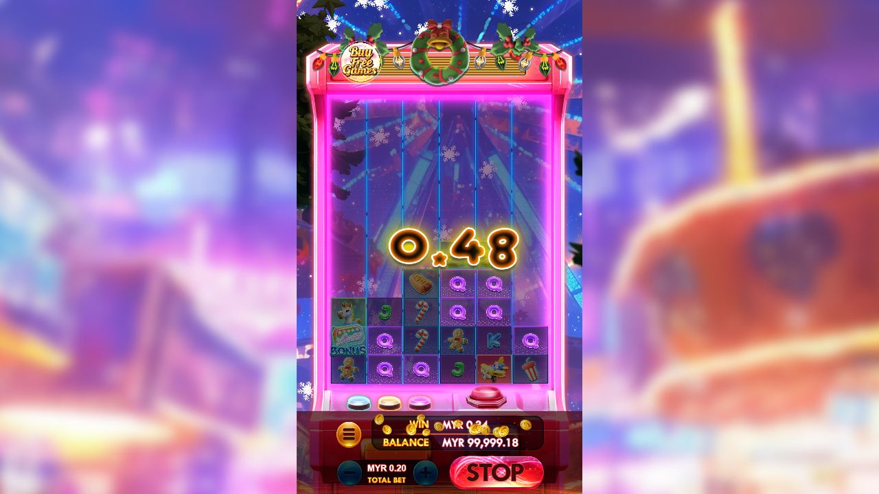 Eine Kaskade später: die 0,48 leuchtet über dem Raster auf, während neue Zuckerstangen und Lebkuchen nachrutschen — links wieder ein Bonus-Symbol.: Winter Winnings