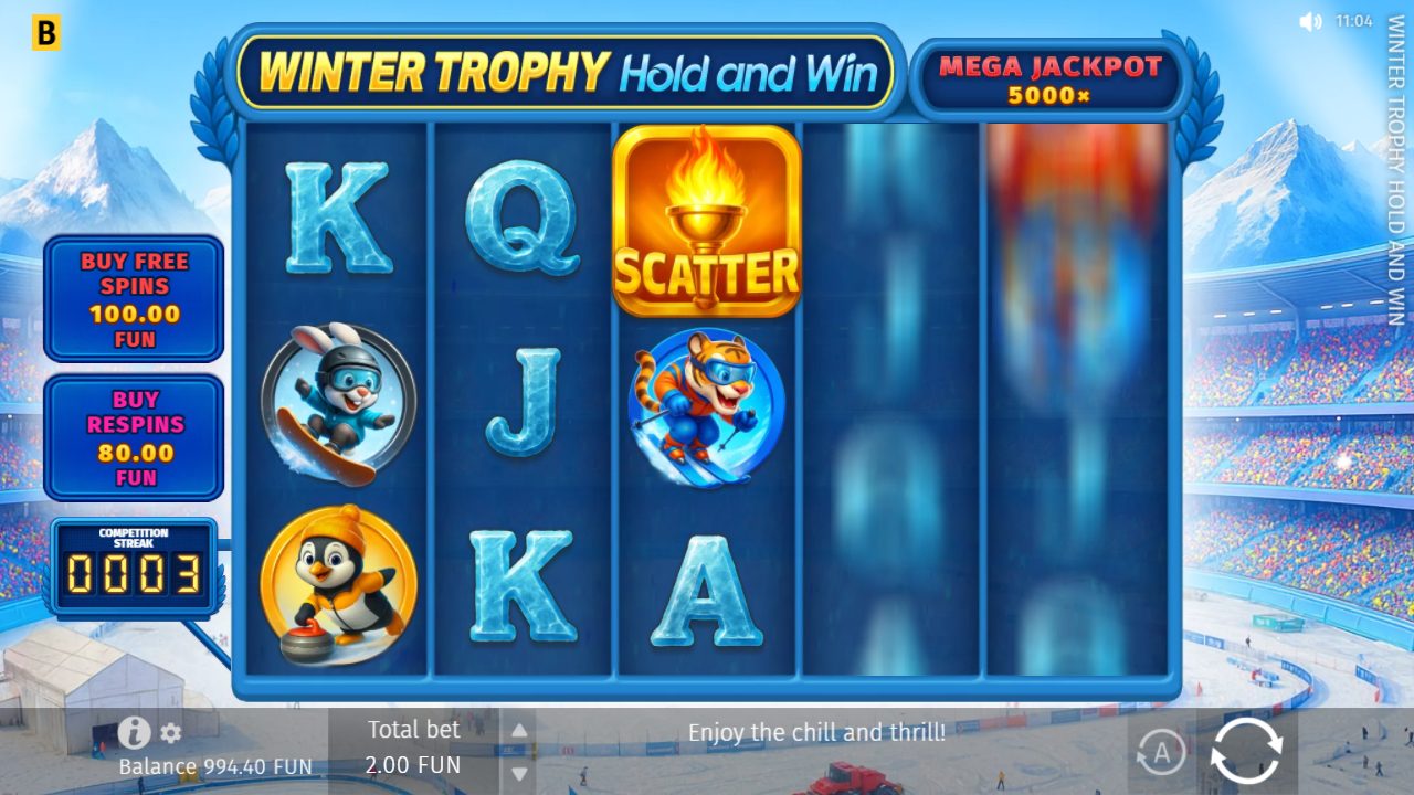 Meine Startrunde: die goldene Fackel als Scatter auf Walze drei, darunter der Ski-Tiger und der Curling-Pinguin, links die Kaufknöpfe (Free Spins 100, Respins 80) und oben der Mega Jackpot 5000× — Einsatz 2,00.: Winter Trophy Hold and Win