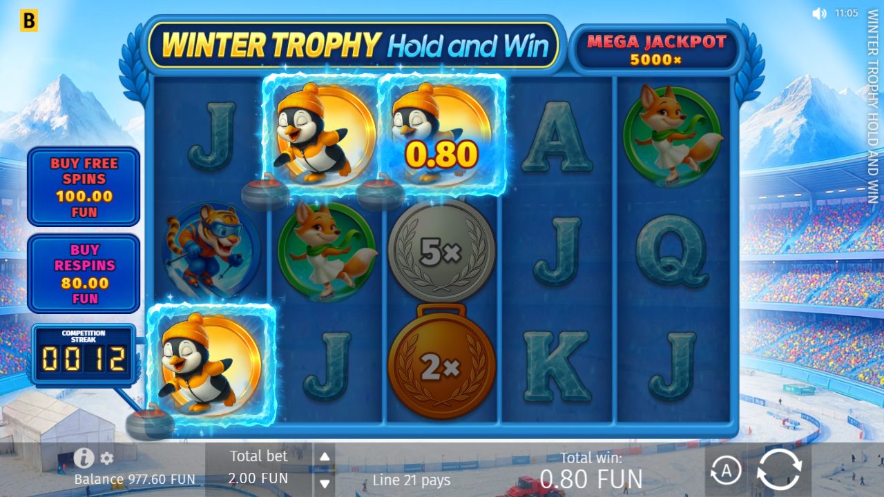 Wenig später: Pinguin-Münzen mit 0,80, dazu eine Silbermedaille mit 5× und eine Bronzemedaille mit 2× — Linie 21 zahlte, Gesamtgewinn 0,80 FUN bei 2,00 Einsatz.: Winter Trophy Hold and Win