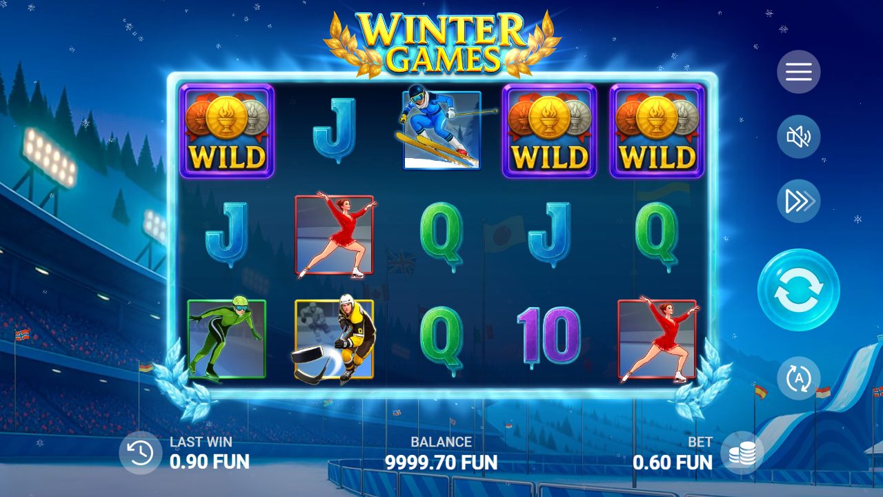 Meine erste Runde bei 0,60 FUN Einsatz: gleich zwei Fackel-Scatter links und rechts, dazu ein Medaillen-Wild in der Mitte — nah dran an den Freispielen, aber noch nicht ausgelöst.: Winter Games