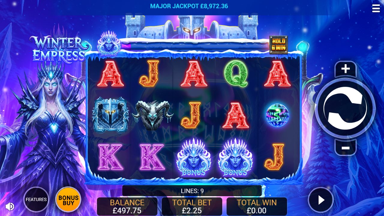 Meine Runde bei 2,25 Gesamteinsatz: der Eiskrieger als Wild oben links, das Eis-Monster und der feurige Luchs auf den Walzen — über allem der Mega Jackpot von rund 26.182.: Winter Empress