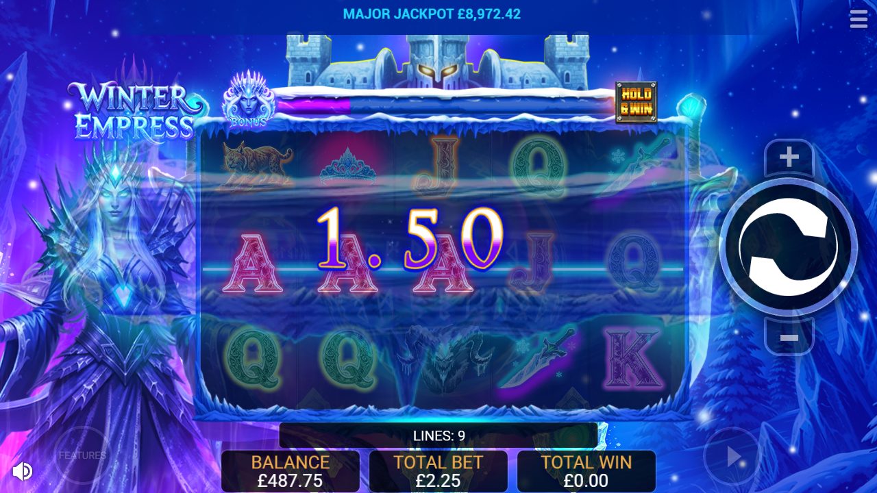 Ein paar Drehungen später ein sauberer A-A-A-Treffer über 1,50, während oben der Major Jackpot bei rund 8.972 stand.: Winter Empress